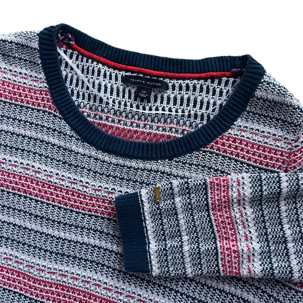 Tommy Hilfiger Women's Sm. Red White Blue Metallic Striped Knit Crewneck Sweater